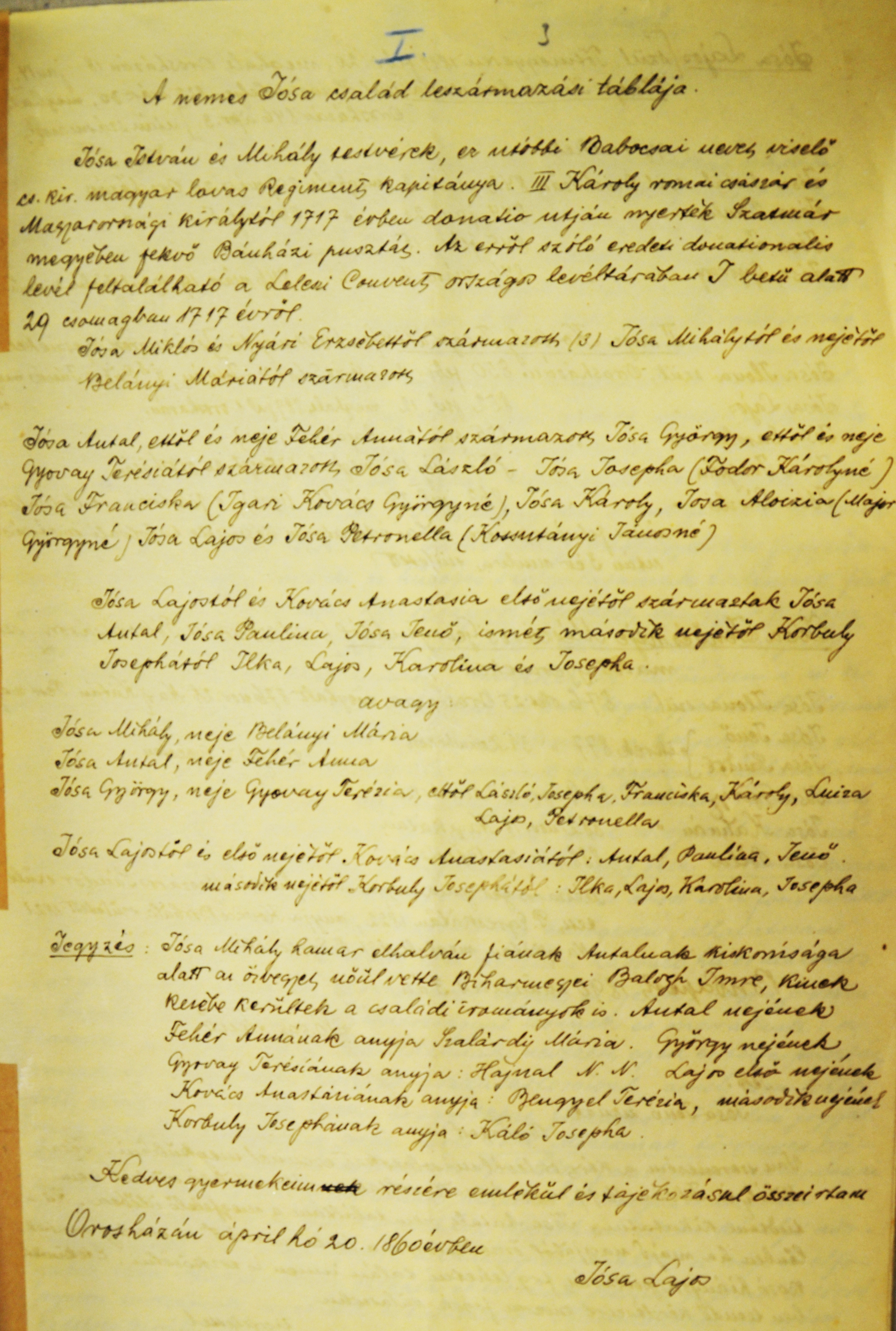 Hódmezővásárhelyi Levéltár: Részlet „Jósa Jenő: a nemes Jósa család leszármazói táblája (1903)-ból” (XVIII.16/3.)